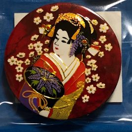 Kimono Wearing Lady under Wisteria Flowers Metal Engraving Fridge Magnet