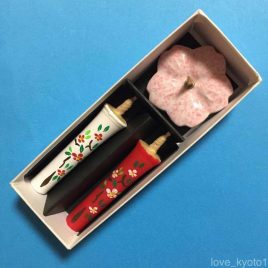 Temple Shrine Candle Hand Painted Camellia Flower 2pcs & Holder set Kyoto