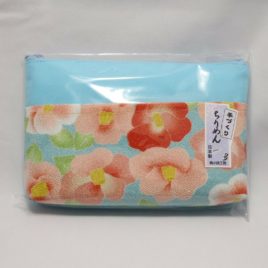 Chirimen Kimono Crepe Fabric Pouch Side Pocket Cute Kawaii Light Blue Kyoto