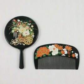 Japanese Beautiful Hair Comb and Hand Mirror Set in Black Color Kyoto Japan