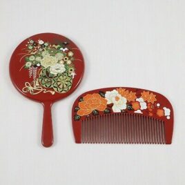 Japanese Beautiful Hair Comb and Hand Mirror Set in Red Color Kyoto Japan
