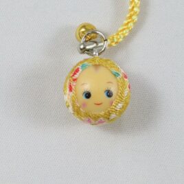 Japanese Kewpie Face Key Chain Strap Chirimen Weave Crepe Fabric Yellow Kyoto