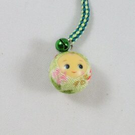 Japanese Kewpie Face Key Chain Strap Chirimen Weave Crepe Fabric Green Kyoto