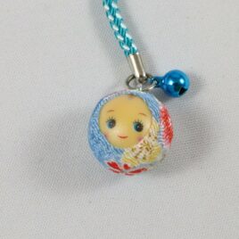 Japanese Kewpie Face Key Chain Strap Chirimen Weave Crepe Fabric Blue Kyoto