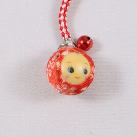 Japanese Kewpie Face Key Chain Strap Chirimen Weave Crepe Fabric Red Kyoto